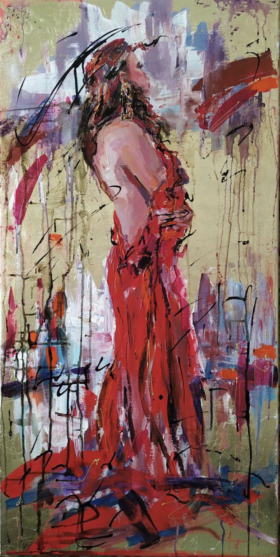 Woman in Red-figurative painting on canvas.