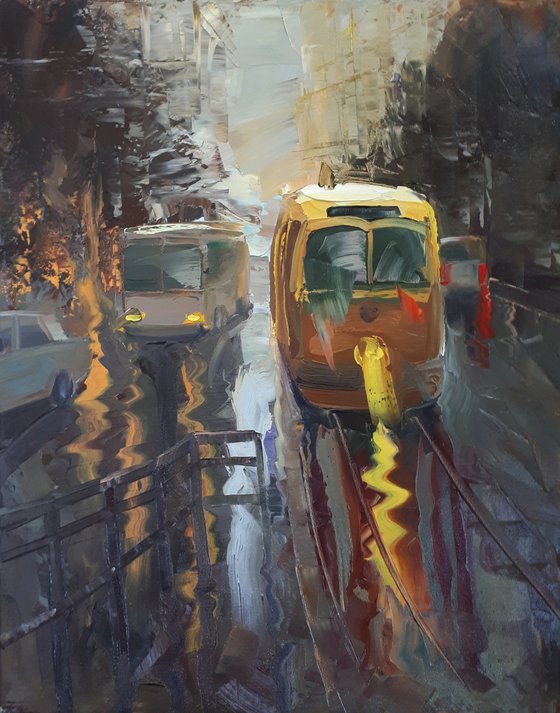 Rainy cityscape (40x50cm, oil painting, ready to hang)