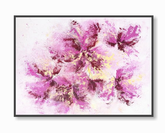 Purple abstract flowers, oil floral painting