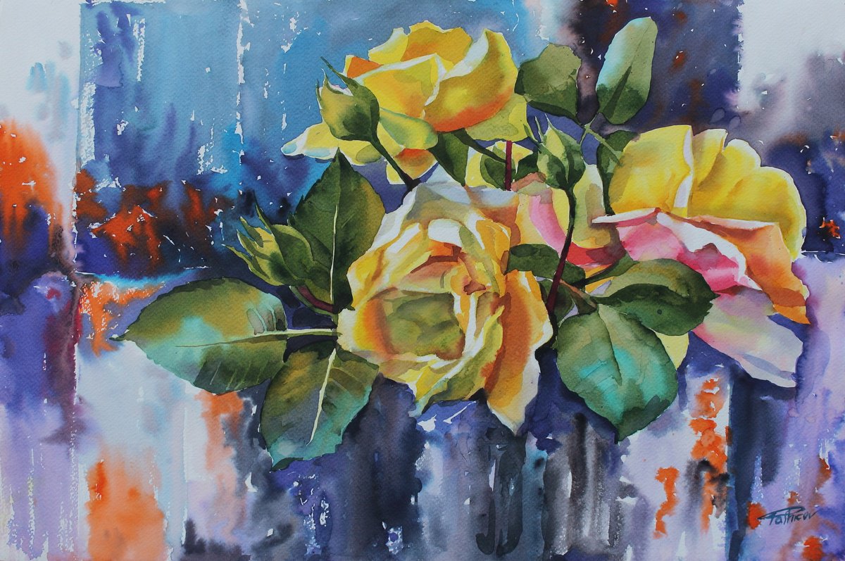 Impressionistic Watercolour , Yellow Roses By Yurii Pashkov, 21 X 15, Artwork For Sale On Artfinder