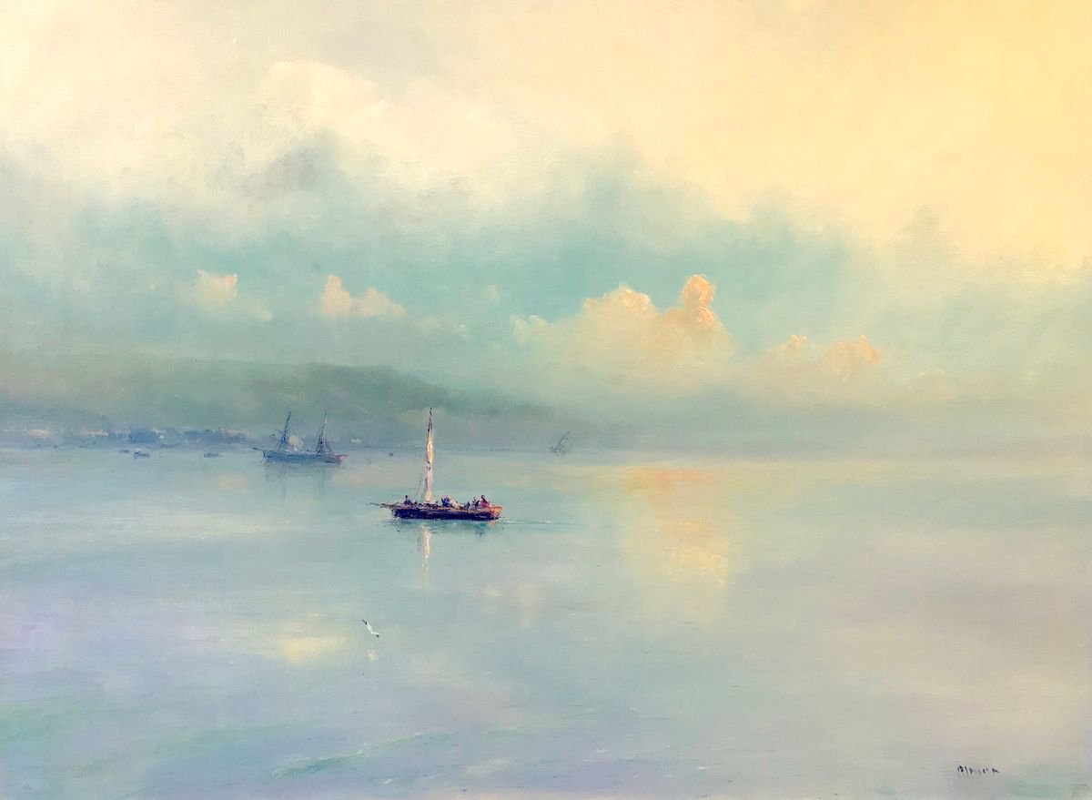 Clouds Reflection, Seascape Original oil Painting, Handmade artwork, Museum Quality, Signe... by Karen Darbinyan