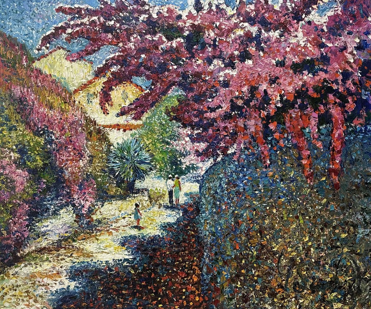 Impressionistic Landscape Oil Painting By Andrii Chebotaru, 47 X 39, Aroma Of Bougainvillea, Original Artwork