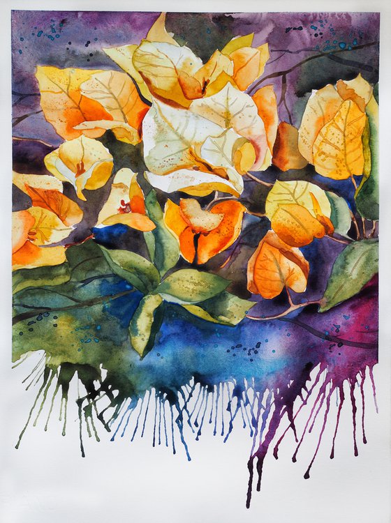 Yellow bougainvillea - expressive original watercolor flower, falling paint