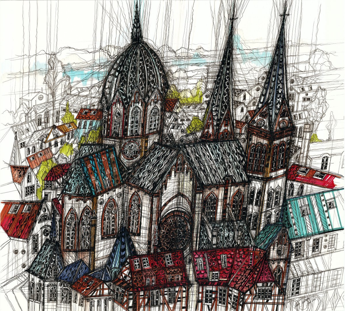 Impressionistic Cityscapes Drawing By Maria Susarenko, 24 X 21", Historische Altstadt Heppenheim, Original Artwork