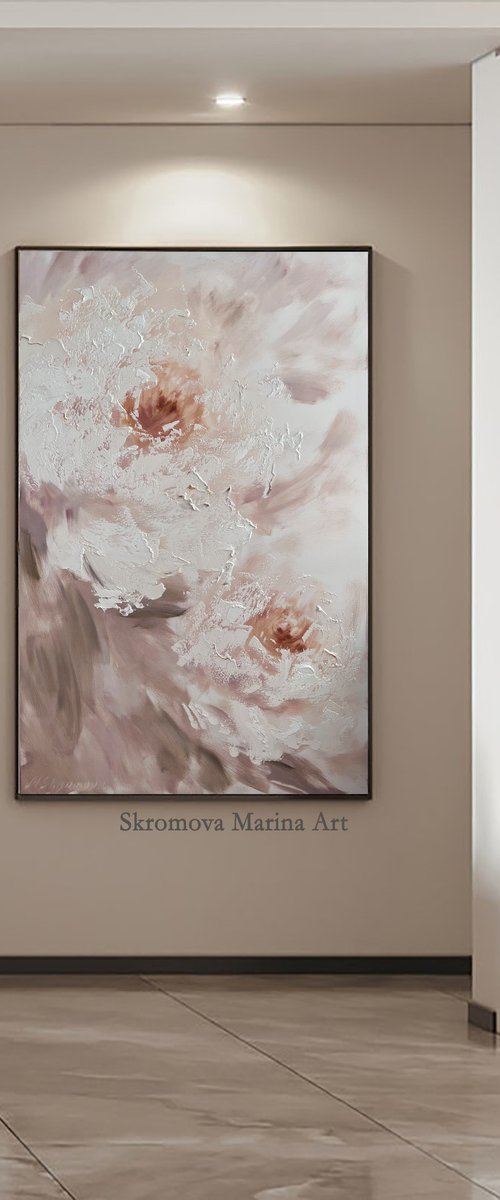 Beige modern flower painting. SILENCE by Marina Skromova