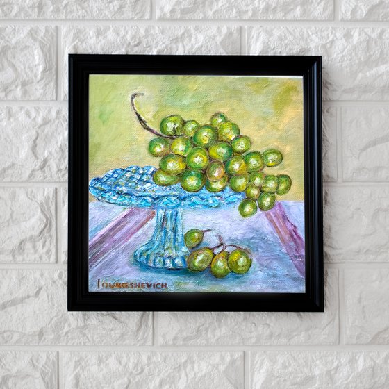 "Still Life with Green Grapes" Original Oil on Canvas Board Painting 20x20cm/8x8 in