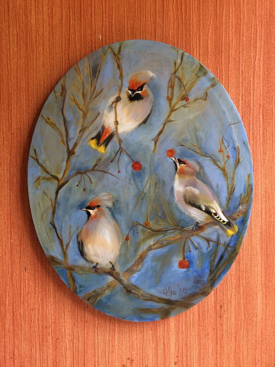 Birds oil painting - Waxwings ellipse canvas - Cozy wall art - Gift idea for bird lover