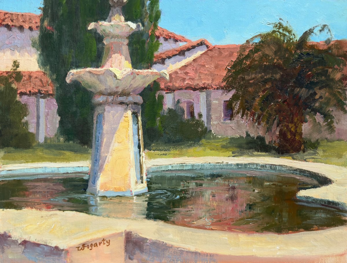 Impressionistic Cityscapes Oil Painting By Tatyana Fogarty, 12 X 9", Mission Courtyard Fountain, Original Artwork