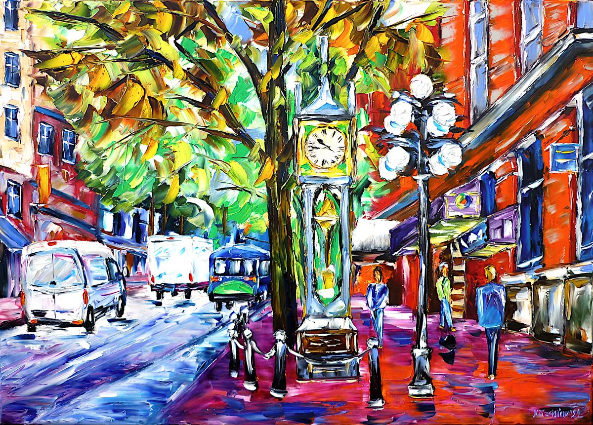 Expressive Cityscapes Oil Painting By Mirek Kuzniar, 28 X 20", Vancouver City Scenery, Original Artwork