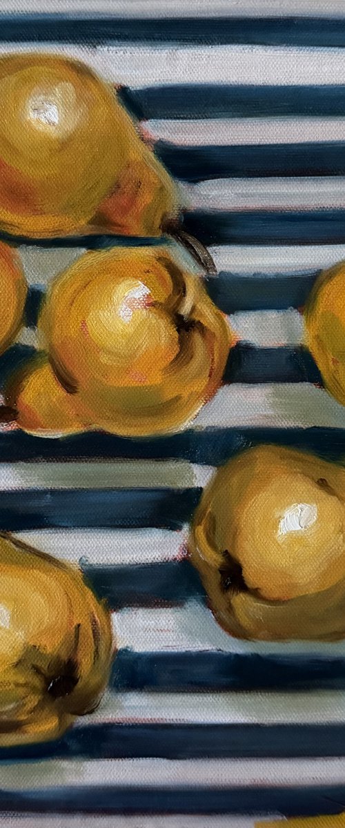 Pears on a Blue Striped Cloth by Nimasha Perera