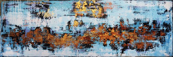 ABOVE THE CLOUDS * 71" x 23.6" * TEXTURED ARTWORK ON CANVAS * BLUE * WHITE * GOLD