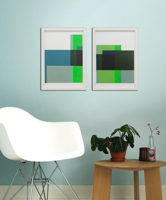 Diptych - Art on Paper - Incl Frame - Cubistic Modern Green - 27A