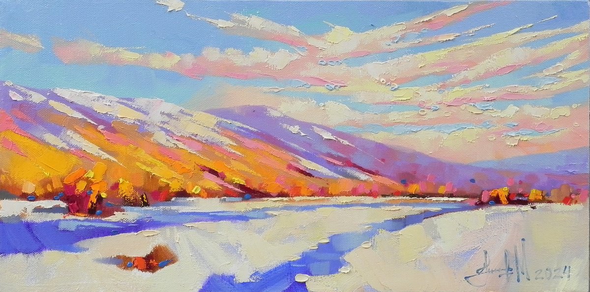 Impressionistic Landscape Oil Painting By Mykhailo Novikov, 16 X 8", "Winter Landscape", Original Artwork