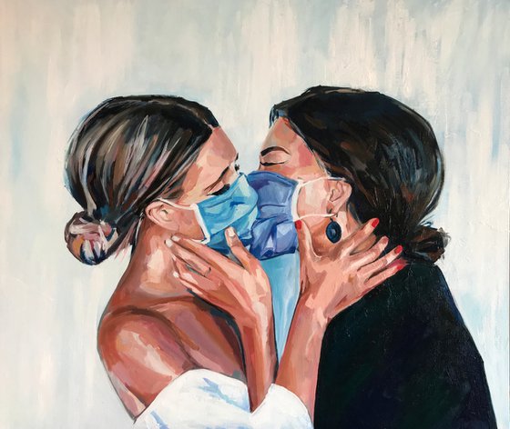 COMFORT ZONE - original oil painting, white, blue, black, covid 19, pandemia art, girls kissing, erotic art, pop art, office art, decor home decor gift idea