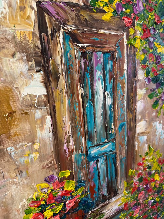 Old door with flowers