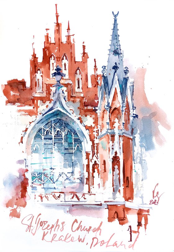 "Church of St. Joseph in Krakow, Poland" architectural landscape - Original watercolor painting