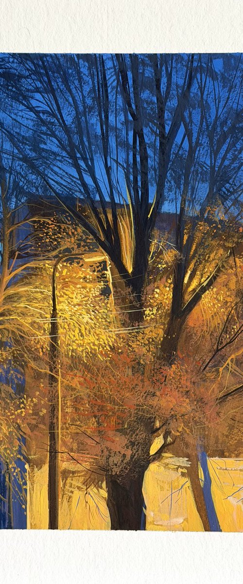 Night landscape gouache painting. Cityscape by Anastasia Parfilo