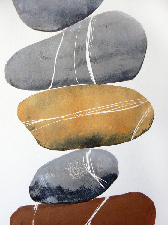 Zen stones - Twelve stones #1  (banded balancing stones lino/monoprint)