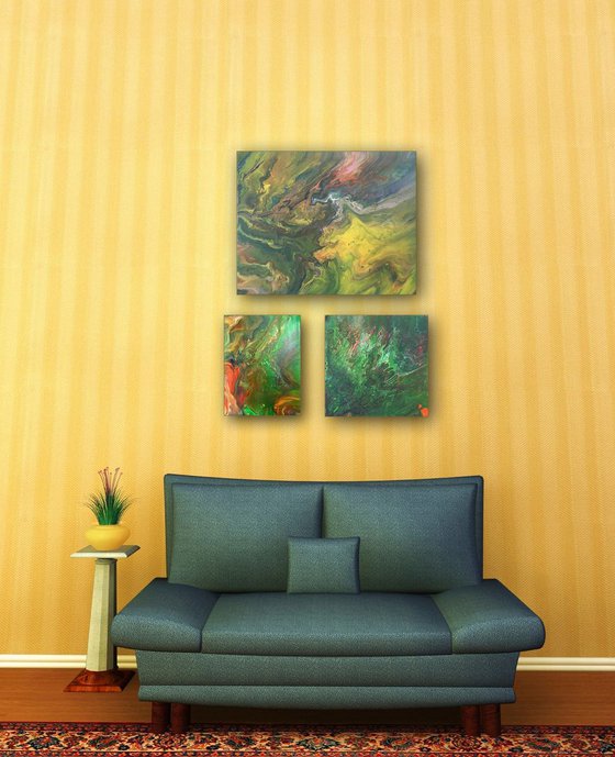 "Jungle Fever" - FREE USA SHIPPING - Original Triptych, Abstract PMS Acrylic Paintings Series - 21" x 28"