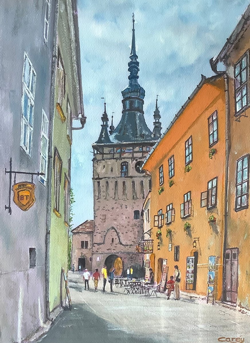 Impressionistic Cityscapes Watercolour By Darren Carey, 11 X 15, Romania Sighisoara, Original Artwork