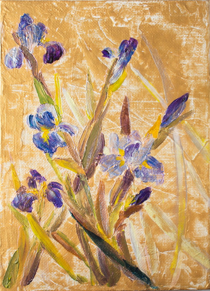 Blue irises and golden sky by Vlada Lisowska
