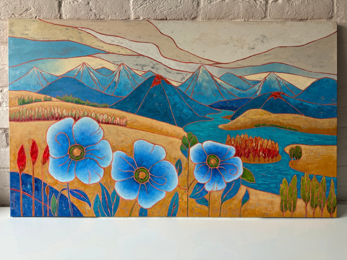 Abstract Botanical Oil Painting By Mary Voloshyna, 39 X 24", Blue Poppies And Mountain, Original Artwork
