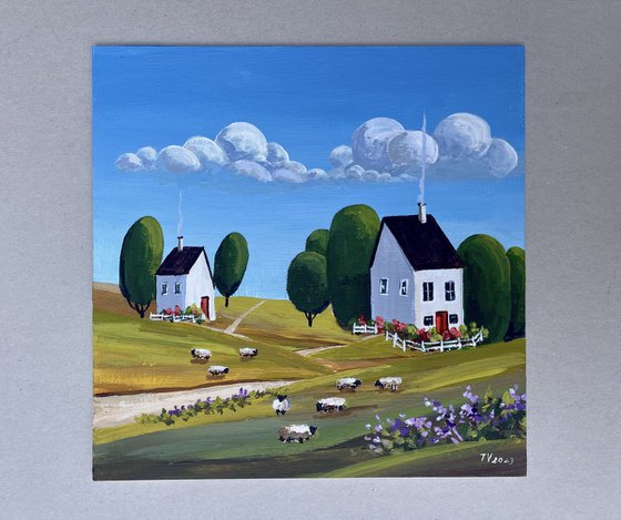 Naive country landscape. Acrylic painting. 8x8