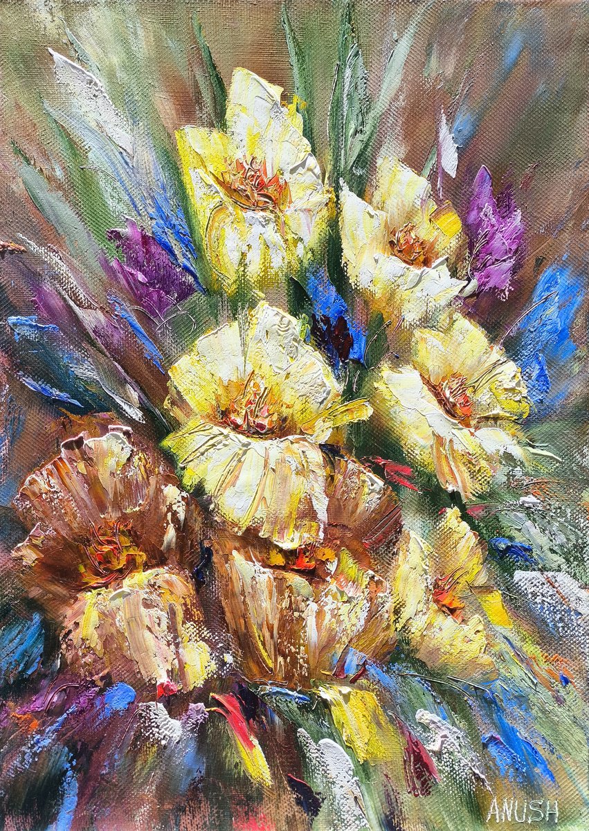Impressionistic Botanical Oil Painting By Anush Emiryan, 20 X 28, Golden Petals, Original Artwork