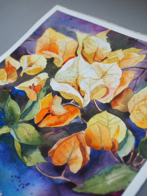 Yellow bougainvillea - expressive original watercolor flower, falling paint