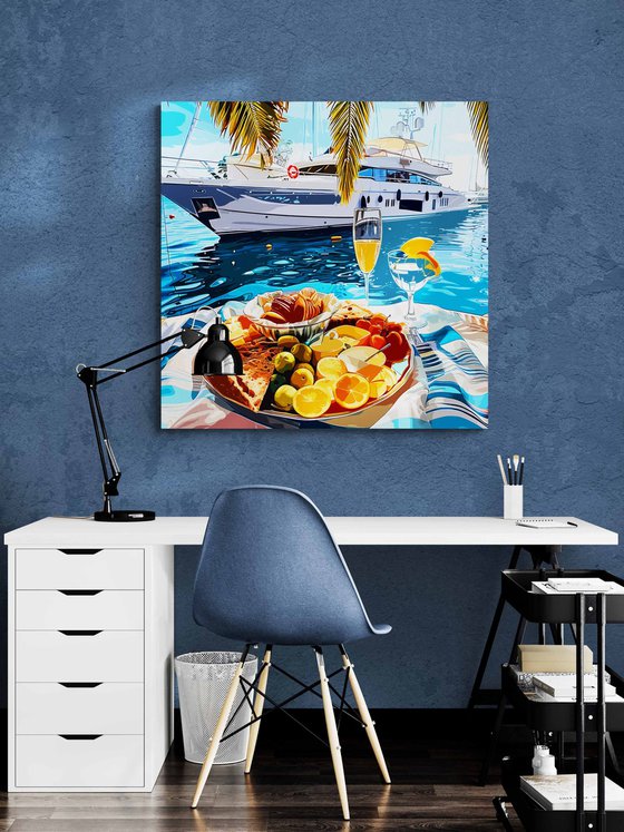 Breakfast with fruit juice and cocktail. Chic rich luxury vacation holiday on a yacht ship in the sea ocean. Positive relax sunny bright colorful wall art for marine home decor. Art Gift