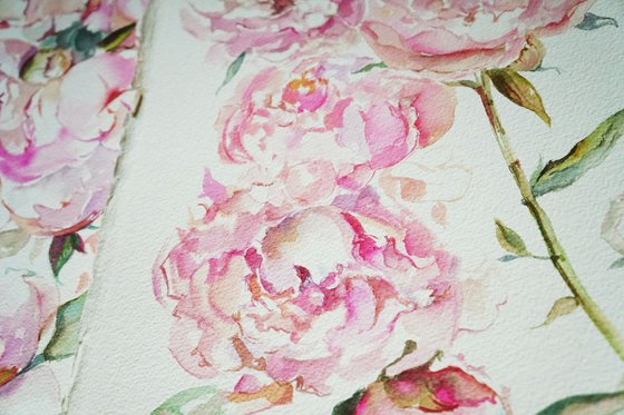 Peonies diptych watercolor paintings, Peony Art Set