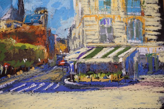 Notre Dame before the fire. View of cafe Esmeralda and cathedral from the bridge. Small oil pastel drawing bright colors paris