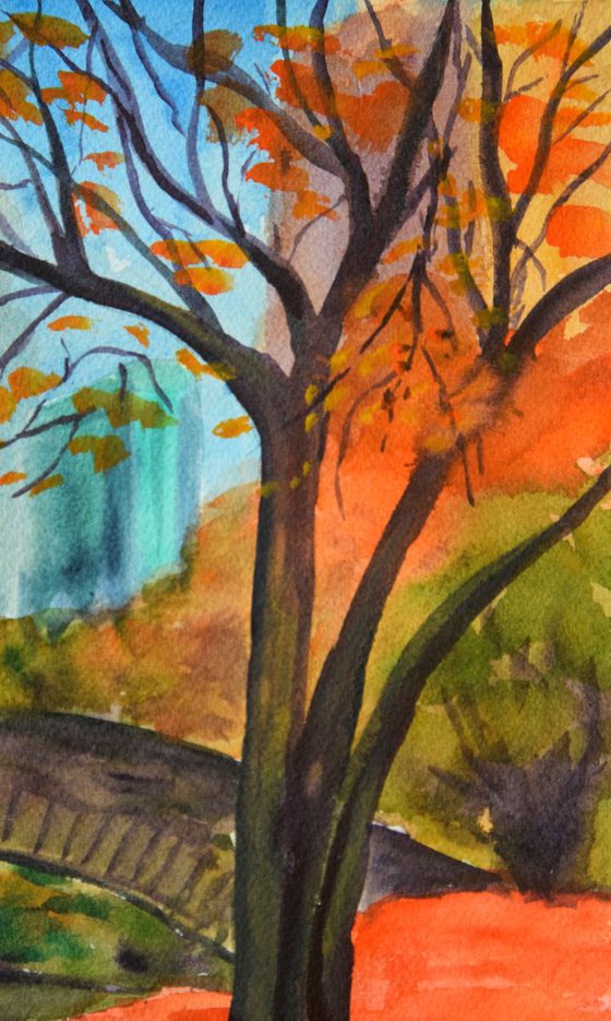 Fall New York Central Park ORIGINAL watercolor painting, autumn forest, romantic gift