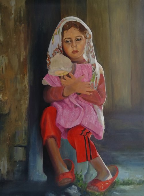 Carefully (57x77cm, oil/canvas, impressionistic figure) by Kamsar Ohanyan