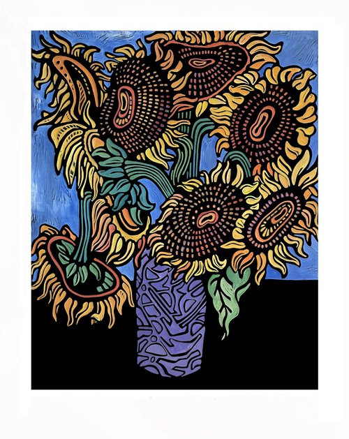 Sunflowers in Purple Vase by Laurel Macdonald