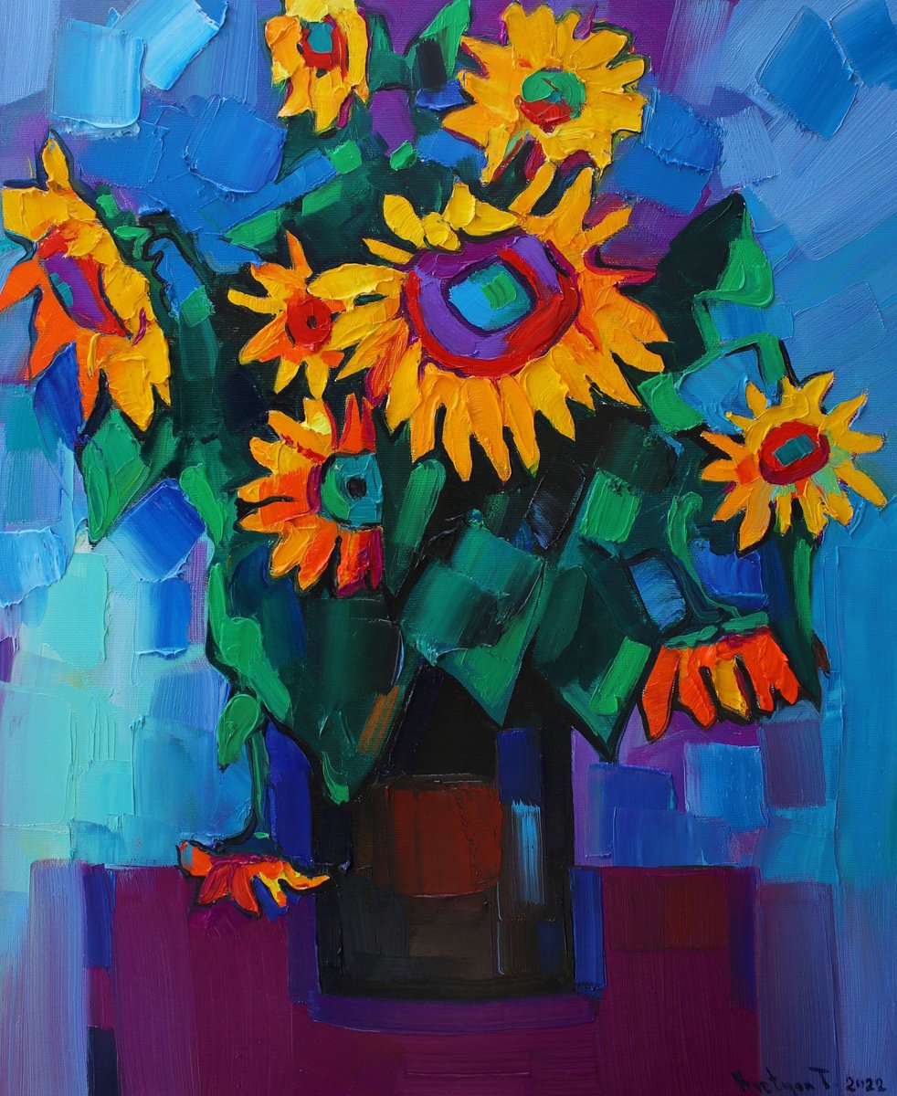 Impressionistic Still Life Oil Painting By Tigran Avetyan, 18 X 22", Sunflowers #1, Original Artwork
