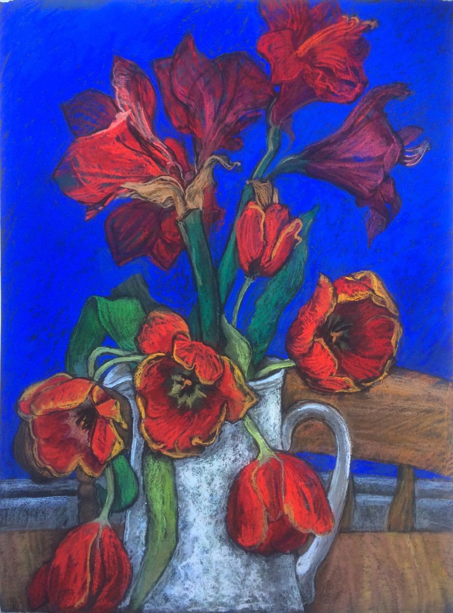 Impressionistic Botanical Pastel Drawing By Patricia Clements, 22 X 29", Red Flowers In Victorian Jug, Original Artwork
