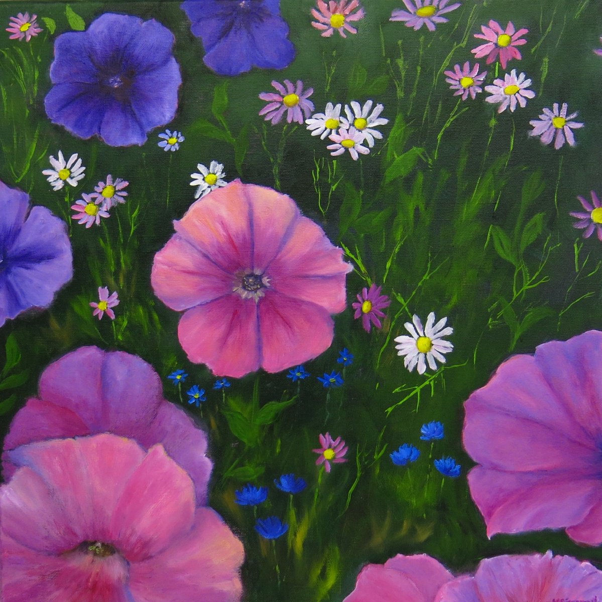 Impressionistic Botanical Oil Painting By Maureen Greenwood, 20 X 20", Pink Petunias, Original Artwork
