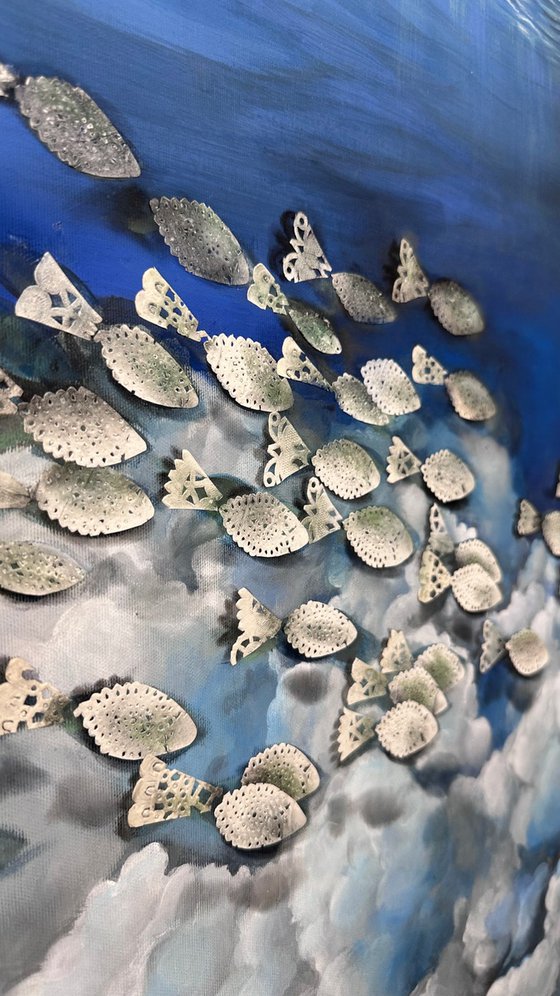 Surreal Ocean Painting with Vintage Lace Fish