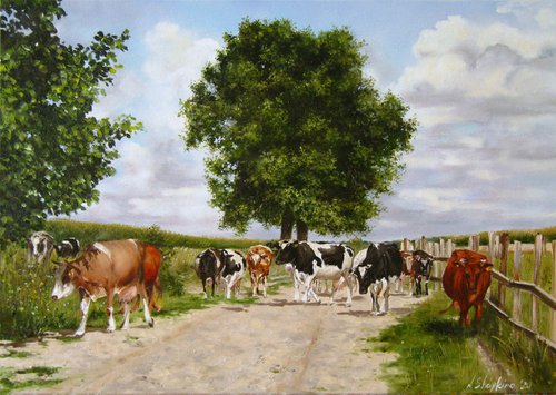 Cow Herd, Pastoral Farm Scene by Natalia Shaykina