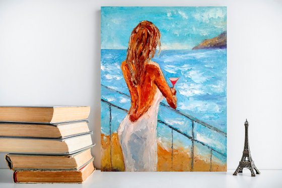 Woman Painting Romantic Original Art Female Figure Artwork Ocean Beach Wall Art