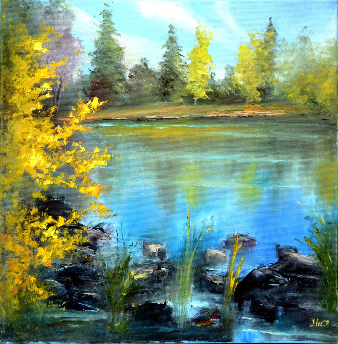 Expressive Landscape Oil Painting By Elena Lukina, 20 X 20, Autumn Inspiration, Original Artwork