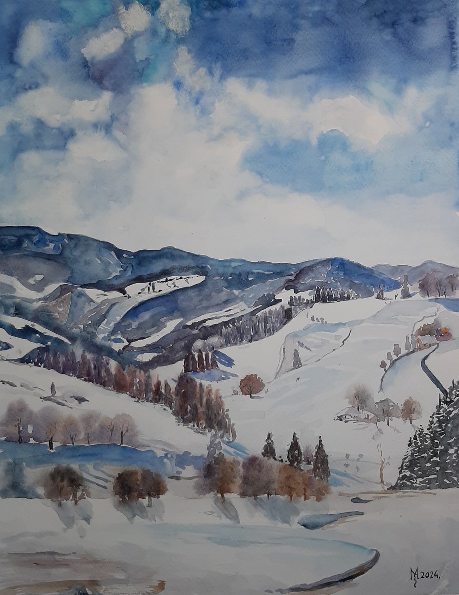 Impressionistic Watercolour , Winter Landscape By Zoran Mihajlovic Muza, 15 X 20, Artwork For Sale On Artfinder
