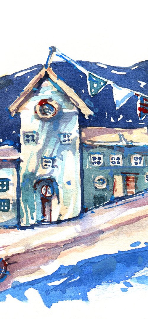 "Coastal lodges." watercolour in small format by Ksenia Selianko