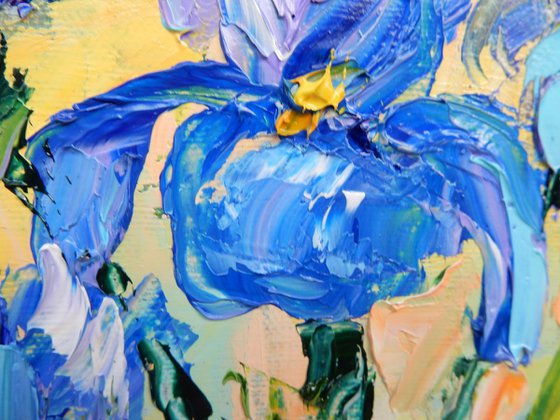 Irises, flowers. Impasto oil painting. Palette knife, heavy textured art