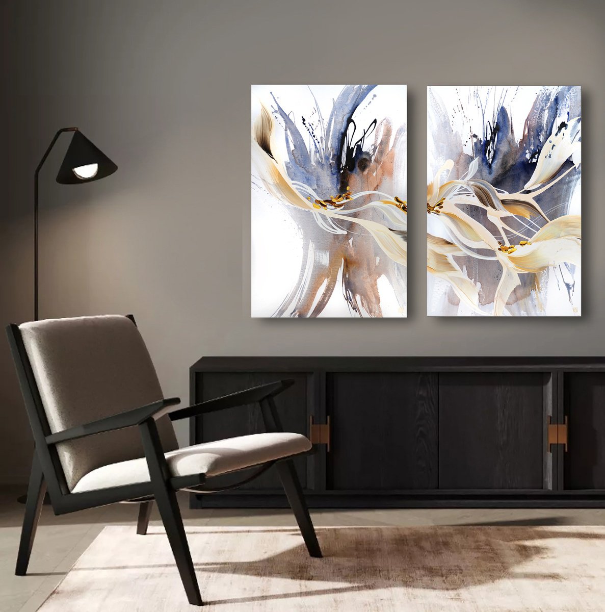 Abstract Acrylic Painting By Novi Lim, 50 X 36", Soulful Diptych, Original Artwork