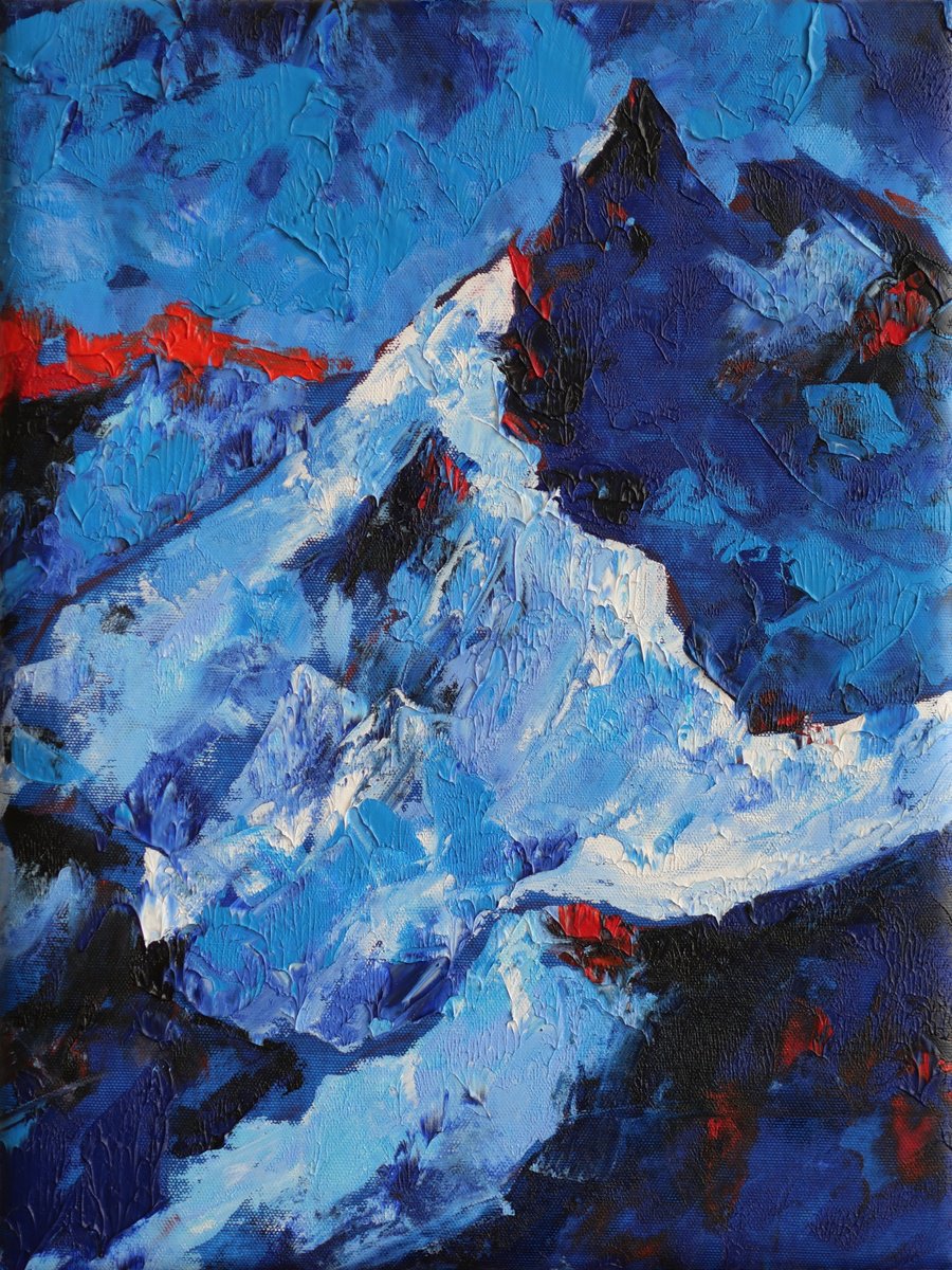 Expressive Landscape Oil Painting By Alfia Koral, 12 X 16, Frozen Peaks Of Dawn, Original Artwork