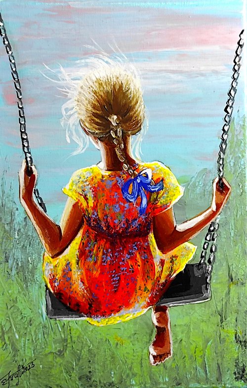 "Summer Fun !" 30x20x2cm Original oil painting on board,ready to hang by Elena Kraft
