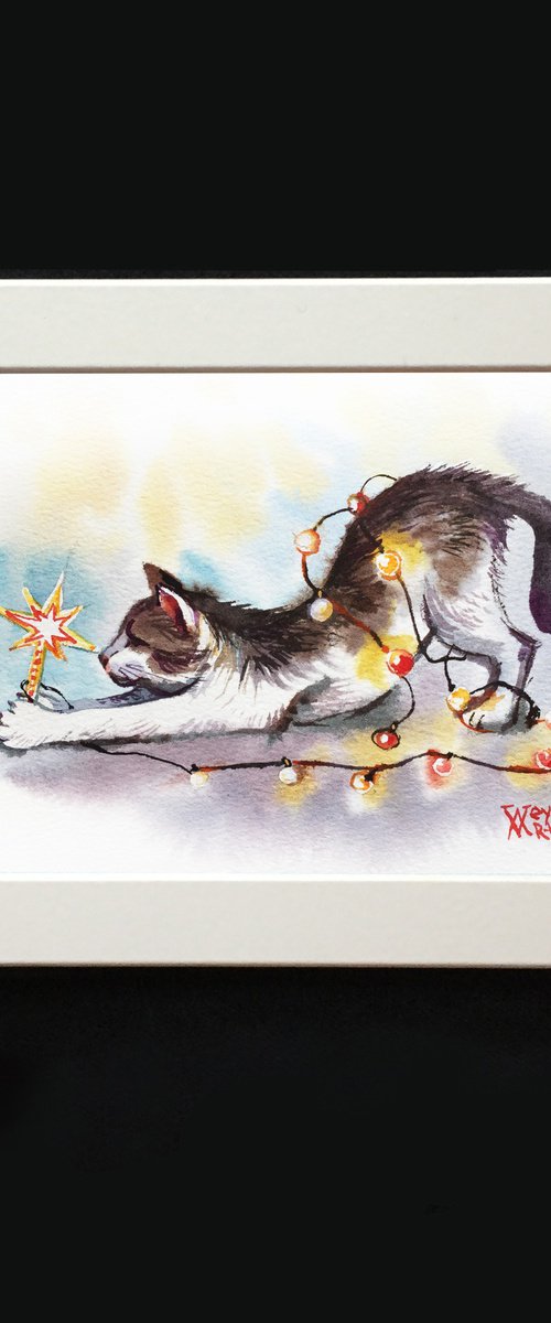 Christmas cat with garland. by Natalia Veyner