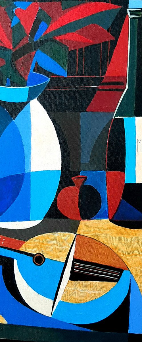 Mandolin, Bottle of Merlot and Pomegranate by Vadim Vaskovsky
